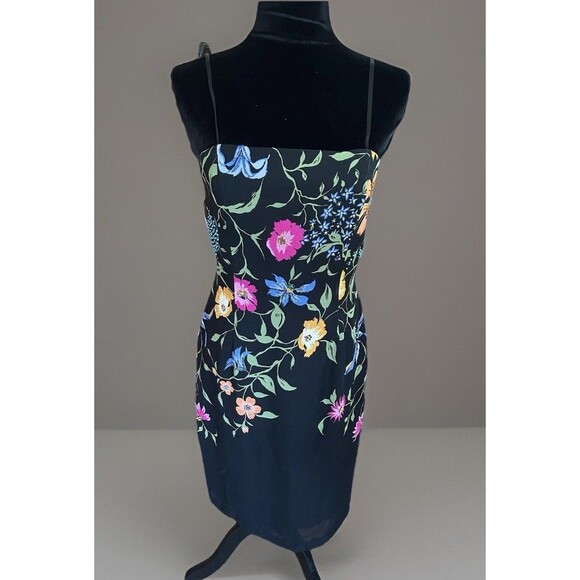 Adrianna Papell Evening Silk Beaded Strapless Dress Floral On Black Size 8 - Picture 1 of 13